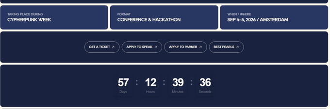 An event website header for Cyberpunk Week, a Conference & Hackathon taking place September 4-5, 2026 in Amsterdam, with a countdown timer showing 57 days, 12 hours, 39 minutes, 36 seconds.
