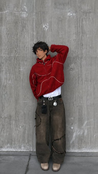 An illustration of a person with black hair wearing a red hoodie, a white shirt, and baggy brown pants, leaning against a gray concrete wall with keys on their belt loop.