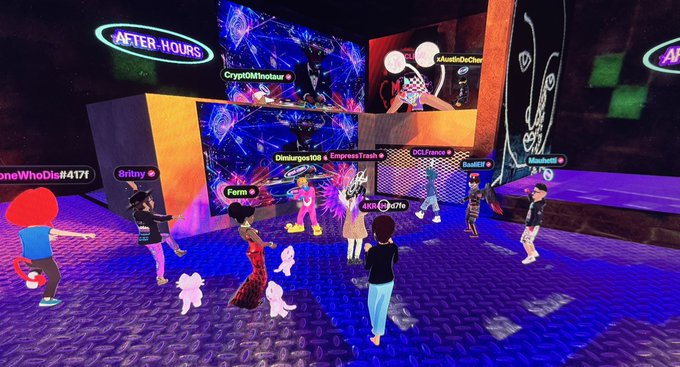 A screenshot from a virtual world shows multiple avatars gathered in a digital venue called 'AFTER-HOURS', with usernames like 'CryptoMnotaur', 'Diskhypo808', and 'DCLFrance' visible on name tags.