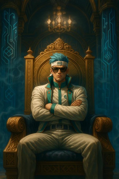 A digital artwork depicting a blue-haired character in sunglasses sitting confidently on an ornate golden throne against a teal, tech-inspired background with a chandelier above.