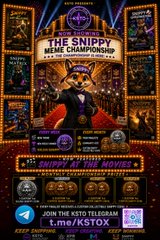 A promotional graphic for "The Snippy Championship: Snippy at the Movies" features a tuxedo-clad figure surrounded by golden cinema-themed frames, encouraging users to submit memes to the KSTOX Telegram community at t.me/KSTOX.