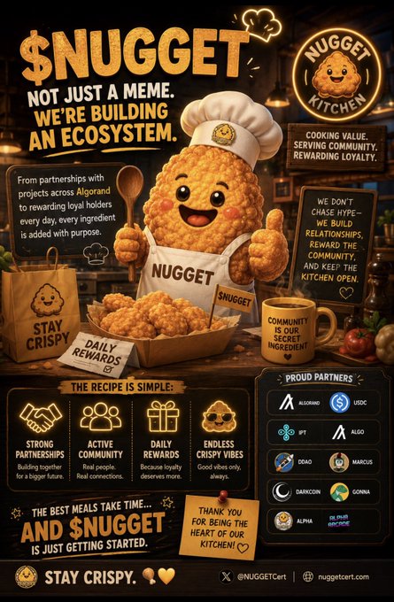 Promotional poster for '$NUGGET' / 'NUGGET KITCHEN' meme coin ecosystem featuring a cartoon nugget chef, listing partners including Algorand, USDC, IFT, ALGO, DRAO, MARCUS, DARKCOIN, GONNA, ALPHA, and Alpine F1.