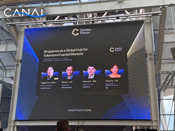 A large display screen at a CANAI venue showing a 'Canton Forum' event titled 'Singapore as a Global Hub for Tokenized Capital Markets' on October 8, 2024, featuring speakers Angelina Kwan, Moses Lee, Kenneth Bok, and Gracie Lin.