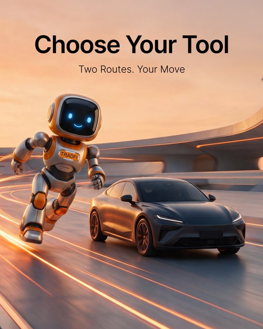 A 3D-rendered promotional image titled 'Choose Your Tool - Two Routes. Your Move' showing an orange and white robot labeled 'TRAOFL' running alongside a sleek dark gray sports car on a futuristic highway at sunset.