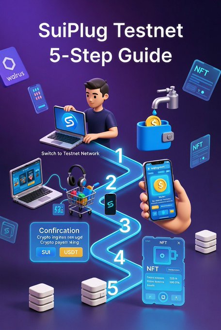 The image shows a step-by-step guide for installing Sui plugs, with illustrations of various devices such as laptops, cell phones, and other electronics. The guide provides instructions on how to install the Sui plugs using a wallet, which is an essential part of the process. It also includes details about connecting to the testnet and navigating through the steps involved in setting up the testnet for testing purposes.