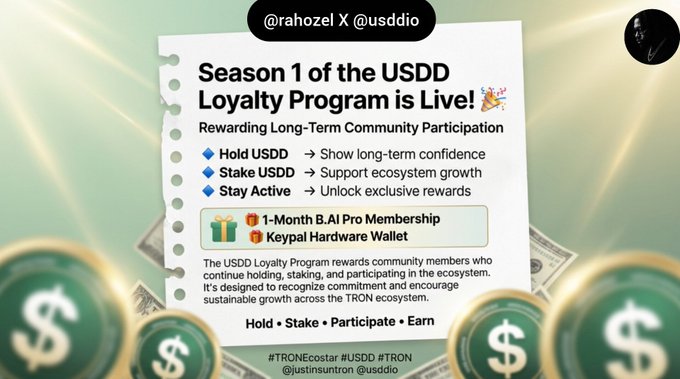 In this post, there's a white poster with black text displaying "Season 1 of the USDD Loyalty Program is now live!". The poster includes a screenshot of some coins arranged next to an explanation about the program. It suggests that holders can enjoy reward points and gain recognition for their loyalty as long-term supporters who participate in the ecosystem by holding and staking their accounts.