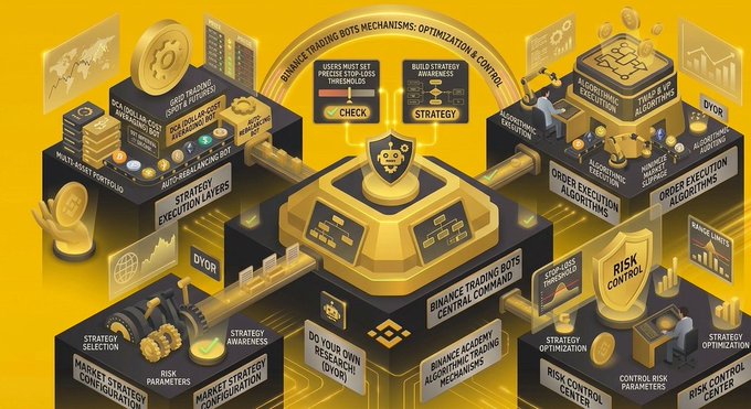 Infographic illustrating Binance trading bots mechanisms with optimization and control, showing various components like strategy execution layers, risk control center, and market configuration against a yellow background.