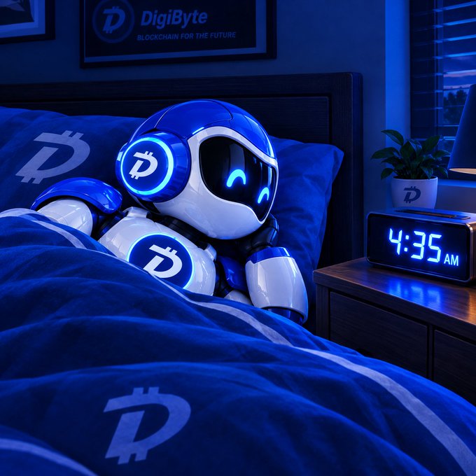 A digital artwork of a robot branded with the DigiByte 'D' logo sleeping in a bed with matching branded sheets, with a digital clock reading 4:35 AM and a 'DigiByte - Blockchain for the Future' poster on the wall.