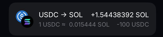 The image features a graphic with text showing USDC + Sol, 1.5544388322 sol, and 100 USDC. The text seems to be about buying or selling a token for Solana, likely related to Bitcoin.