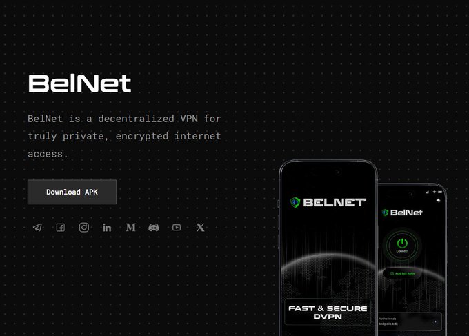 A promotional webpage for "BelNet," a decentralized VPN service, with a dark background, a "Download APK" button, social media icons, and images of two smartphones displaying the app's interface labeled "FAST & SECURE DVPN."