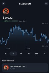 A mobile app interface shows a chart for 'SIXSEVEN' priced at $0.022, displaying a user's balance of approximately 151.9M tokens.