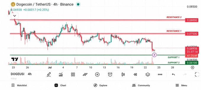 A TradingView 4-hour candlestick chart for Dogecoin / TetherUS (DOGEUSDT) showing price action between support levels around 0.06-0.07 and resistance levels near 0.075-0.08.