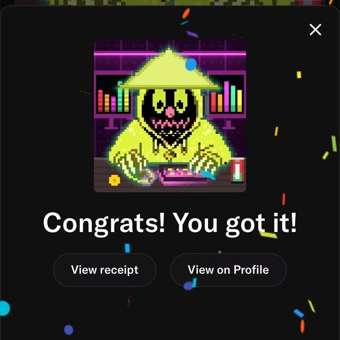 A digital interface celebrating a successful transaction, featuring a pixel-art character in a yellow raincoat DJing, with the text 'Congrats! You got it!' and buttons to 'View receipt' or 'View on Profile'.