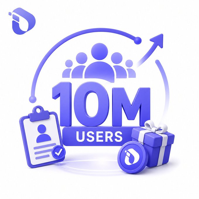 3D graphic celebrating '10M USERS' with purple icons depicting a group of people, a user profile card, a gift box, and an upward arrow.