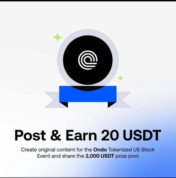The image features a circular logo with a blue ribbon banner, promoting a "Post & Earn 20 USDT" campaign for creating original content about the Ondo Tokenized US Stock Event, which shares a 2,000 USDT prize pool. This ties to the post by highlighting a Gate.io campaign offering rewards and bonuses (like 5x trading volume on weekends) for engaging with Ondo's tokenized U.S. stocks.