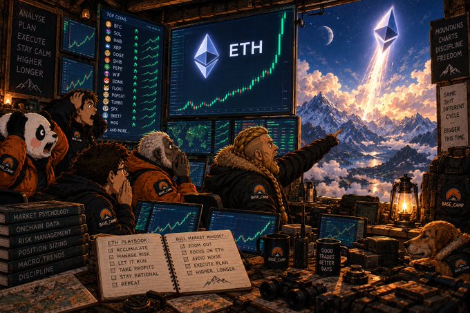 An AI-generated, anime-style illustration of people in a high-tech trading room monitoring charts for 'ETH' (Ethereum), featuring bears in jackets, a panda, and various financial terms like 'TOP COINS', 'MARKET PSYCHOLOGY', and 'DISCIPLINE'.