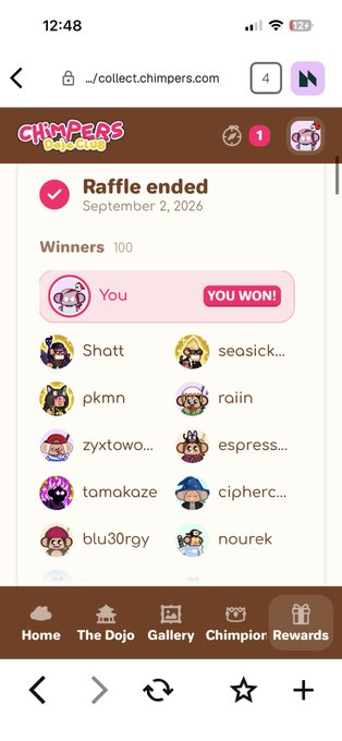 Screenshot of the Chimpers Dojo Club mobile site showing a raffle ended September 2, 2026 with the user listed as a winner under 'You', alongside other winners like Shatt, seasick, pkmon, raiin, zytowo, espresso, tamakaze, ciphero, blu30rgy, and nourek.