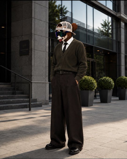 A person stands on a paved plaza wearing a dark cardigan, white shirt with collar, tie, wide-leg brown trousers, and a backwards cap featuring ski goggles with a smiling mouth graphic.