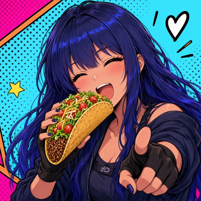 A vibrant pop-art style anime illustration of a blue-haired girl happily eating a large taco filled with meat, lettuce, and tomatoes.