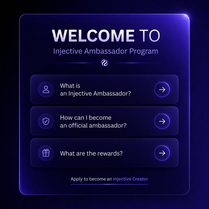 Dark blue welcome screen for the 'Injective Ambassador Program' listing three FAQ links: 'What is an Injective Ambassador?', 'How can I become an official ambassador?', and 'What are the rewards?'