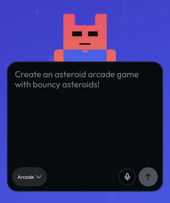A screenshot of an AI coding assistant interface prompting 'Create an asteroid arcade game with bouncy asteroids!' set to the 'Arcade' mode.
