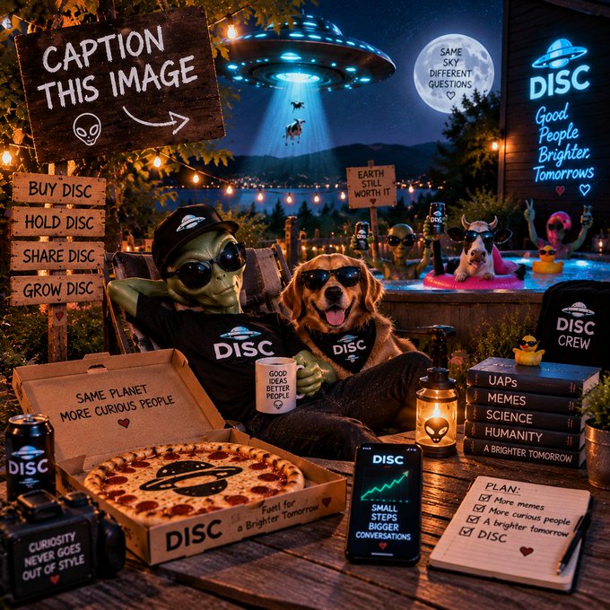 A highly detailed, meme-themed 'Caption This Image' advertisement for 'DISC' features an alien and a golden retriever in sunglasses, surrounded by quirky props like a UFO-shaped pizza, rubber ducks, and a 'PLAN: More memes' checklist.