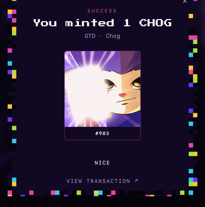 A digital NFT minting success screen displaying 'You minted 1 CHOG' with an illustration of a purple cat character (#983) under 'GTD · Chog'.