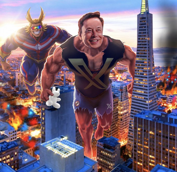 An AI-generated image showing Elon Musk and All Might from My Hero Academia as giant muscular figures towering over a city skyline in flames.