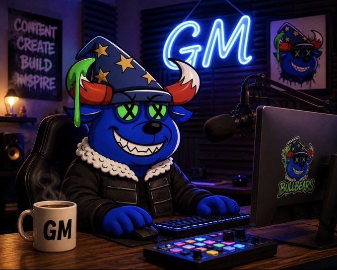 An AI-generated digital illustration of a blue bear character wearing a wizard hat and leather jacket at a gaming/streaming setup, with a "GM" neon sign in the background and a "BULLBEARS" logo on the monitor.
