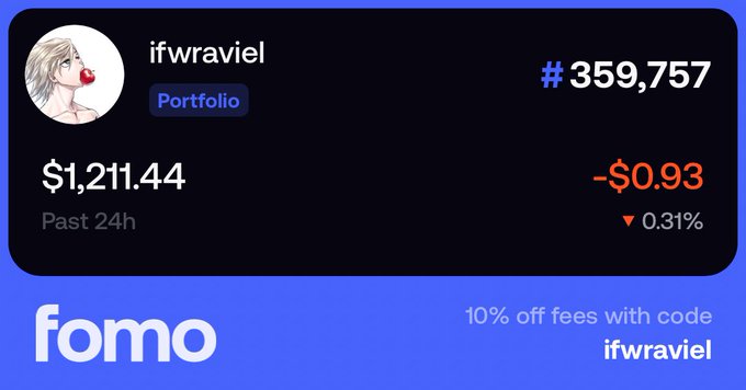 A Fomo portfolio dashboard for user "ifwraviel" showing a current balance of $1,211.44 (down $0.93 or 0.31% in the past 24h), rank #359,757, with a promo code "ifwraviel" offering 10% off fees—reflecting the poster's small trading balance and their goal of eventually growing it to $5k.