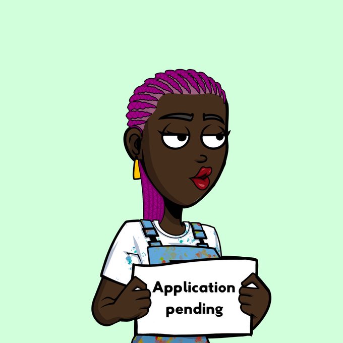 A cartoon illustration of a Black woman with purple braided hair holding a sign that reads 'Application pending' against a green background.
