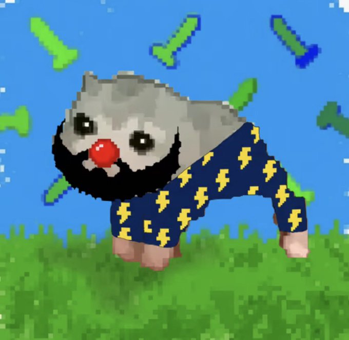 A pixel art meme image of a cat with a red clown nose wearing a dark blue sweater with yellow lightning bolt patterns, standing in grass against a blue sky with green checkmarks.