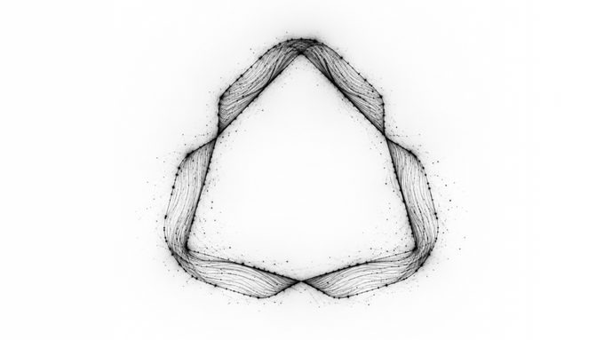 A black and white digital sketch depicts a three-lobed geometric design resembling a Trefoil knot with textured, flowing lines forming a triangular shape.