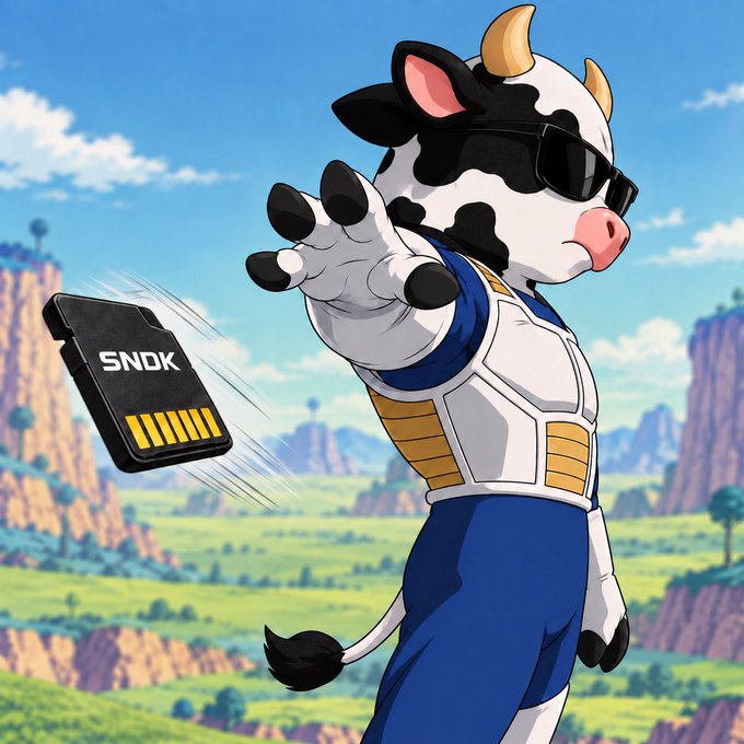 A cow character from Dragon Ball wearing Saiyan armor throws an SNDK branded cartridge, visually representing the "bidding war" or power move referenced in the post about bidding on $SNDK alongside $CACHE.