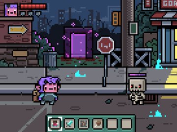 A pixel art side-scrolling game scene showing a purple-haired character with a bat facing a skeleton enemy on a city street, with a purple portal in the background. The HUD displays health bars, inventory items including weapons and tools, and a partially visible sign reading 'FIL' in the top right corner.