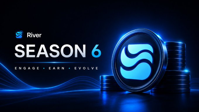 Promotional banner for River Season 6 with the tagline 'Engage · Earn · Evolve', featuring a blue stylized 'S' coin and stacked tokens.