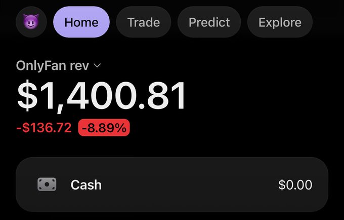 A mobile app dashboard displays a portfolio labeled "OnlyFan rev" showing $1,400.81 with a -$136.72 (-8.89%) loss, alongside a $0.00 cash balance. The image relates to the post by showing the user's available funds, which they're announcing they'll distribute as cash rewards to active community members in a Solana giveaway.