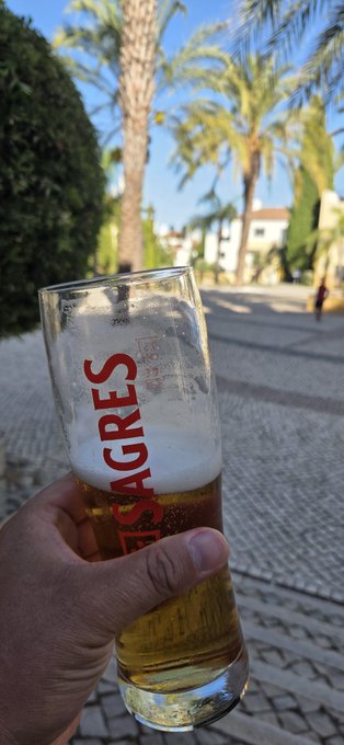A hand holds up a tall glass of Sagres (a Portuguese beer) on a sunny, palm-lined cobblestone street, toasting to a Saturday night outing with friends.