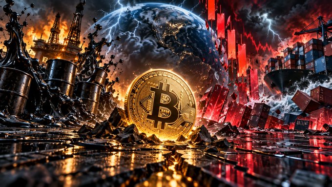 A dramatic digital artwork featuring a large gold Bitcoin coin at the center, surrounded by oil barrels, lightning, shipping containers, and a stormy globe backdrop.