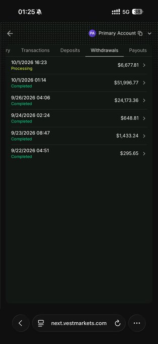 The image shows a mobile screenshot of a withdrawals page on next.vestmarkets.com for a "Primary Account," listing six transactions ranging from $295.65 to $51,996.77 between September and October 2026. The $85,000 milestone claim appears to reference the cumulative value of these withdrawal records, suggesting the user is progressing toward a $100,000 goal with VestExchange.