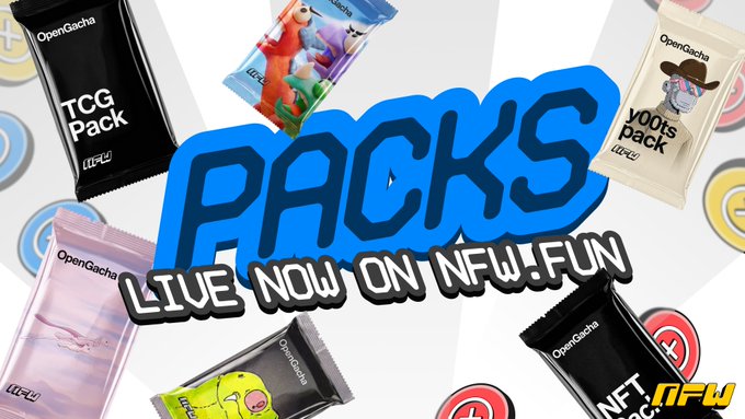 Promotional graphic for OpenGacha's NFT 'PACKS' live on NFW!FUN, featuring various trading card packs like 'TCG Pack' and 'y00ts Pack' alongside cartoon NFT characters.