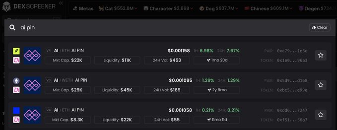 A DexScreener search results page for 'ai pin' displays multiple AI PIN token pairs (V4 and V3), showing metrics like market cap ($22K, $29K, $8.3K), liquidity ($11K, $45K, $22K), and 24H volume.
