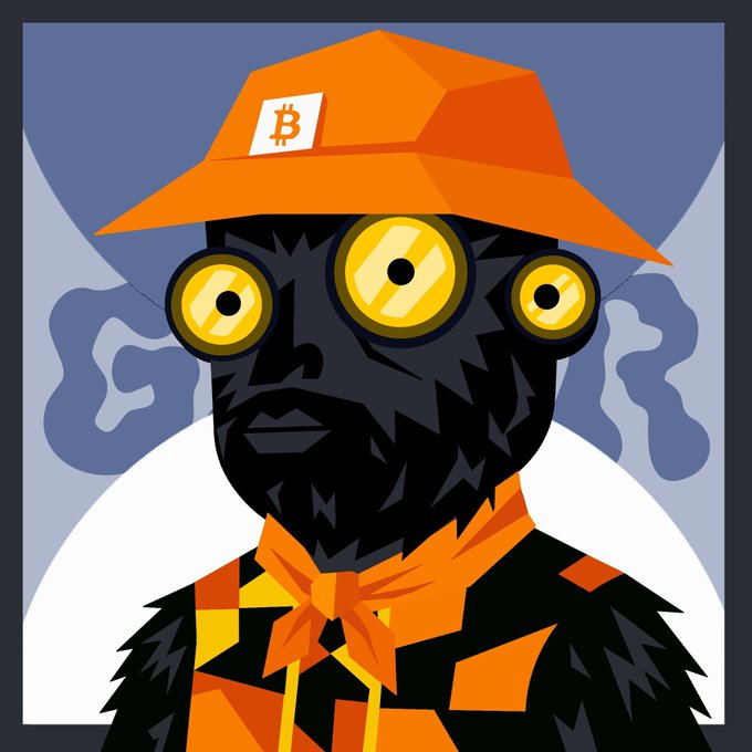 A stylized illustration of a bearded figure with three large yellow eyes wearing an orange bucket hat featuring a Bitcoin (₿) logo, paired with a colorful patterned scarf. The artwork aligns with the post promoting a limited 2222-supply NFT mint on Ethereum, with the Bitcoin-themed imagery reflecting the honorary/crypto community context of the giveaway.