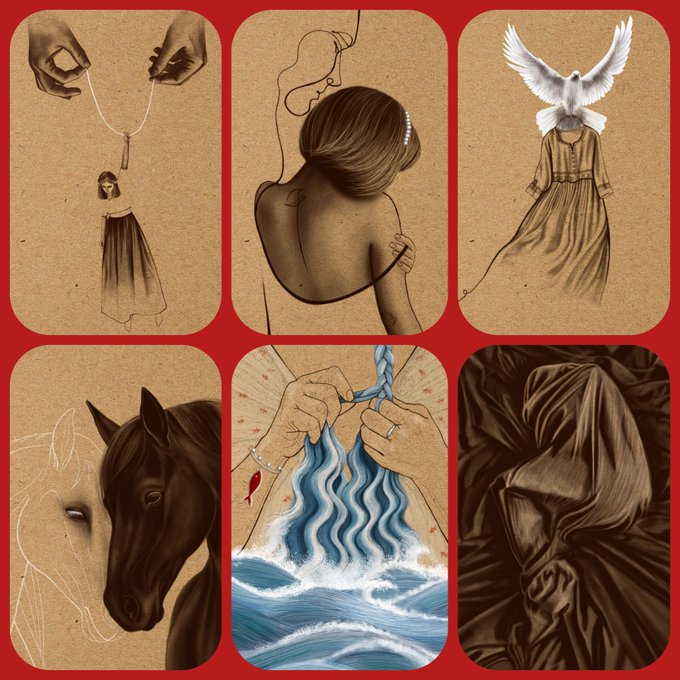 Six illustration panels with a vintage aesthetic: hands holding a miniature figure, a woman's back view, a dove-headed figure in a dress, a dark horse, hands pulling a blue braid from ocean waves, and draped fabric.