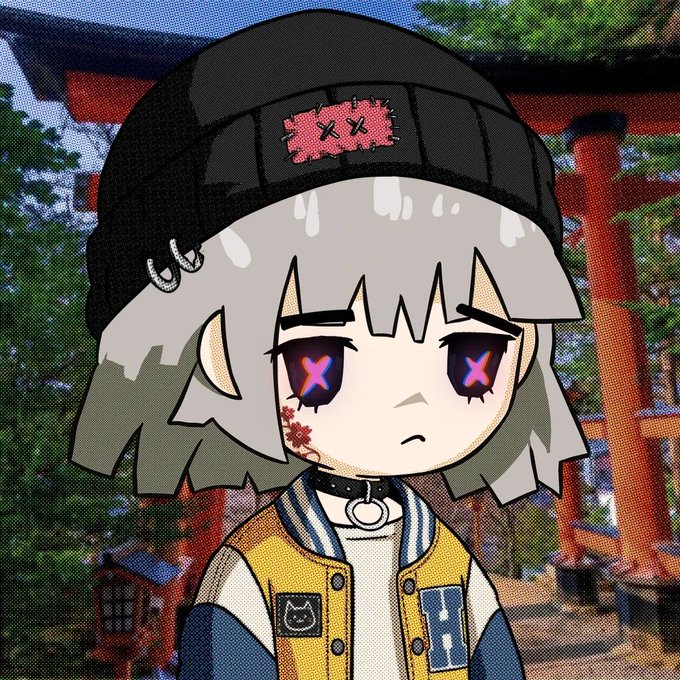 An anime-style chibi character with white hair, X-shaped eyes, a black beanie with a pink patch, and a varsity jacket stands in front of a Japanese torii gate.