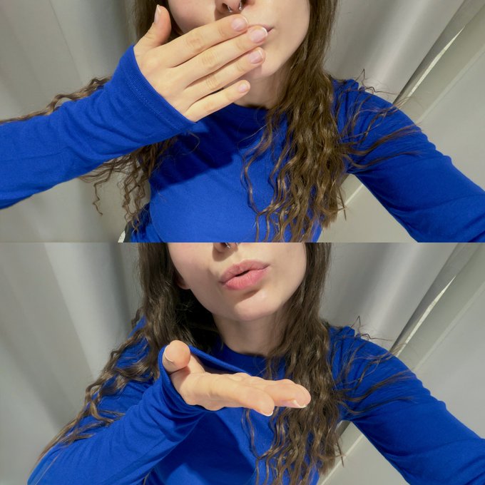 Two selfies show a woman in a blue long-sleeved top posing with her hand near her face.
