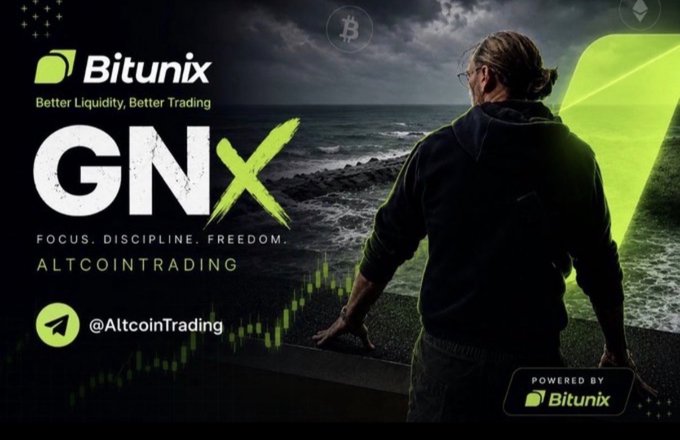A promotional banner for 'Bitunix' exchange featuring 'GNX' and 'FOCUS. DISCIPLINE. FREEDOM. ALTCOINTRADING' text alongside an image of a person overlooking the ocean.