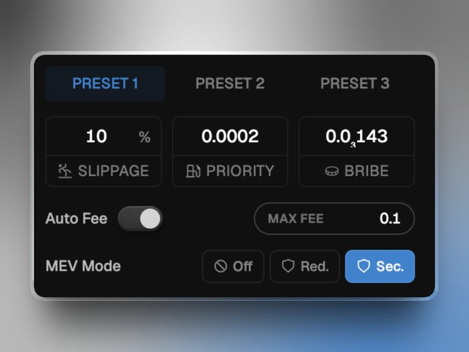 A cryptocurrency transaction settings interface shows Preset 1 with 10% Slippage, 0.0002 Priority fee, and 0.0143 Bribe, along with Auto Fee toggled on and MEV Mode set to 'Sec.'