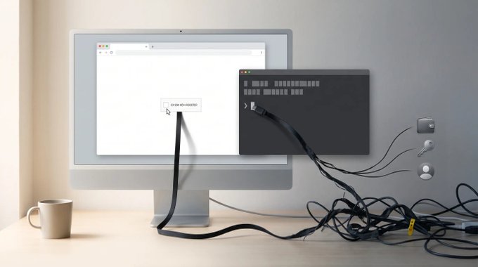 A surreal illustration of a computer monitor on a desk where a cable is being "plugged" into the screen, with tangled wires leading to a separate panel displaying pixelated code, alongside a coffee mug and peripherals.