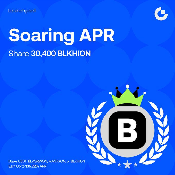 A blue promotional graphic titled 'Soaring APR' for a Launchpool offering to share 30,400 BLKHION tokens, showing the BLKHION 'B' logo with a crown and the text 'Stake USDT, BLKGRWON, MAG7XON, or BLKHION Earn Up to 135.22% APR'.